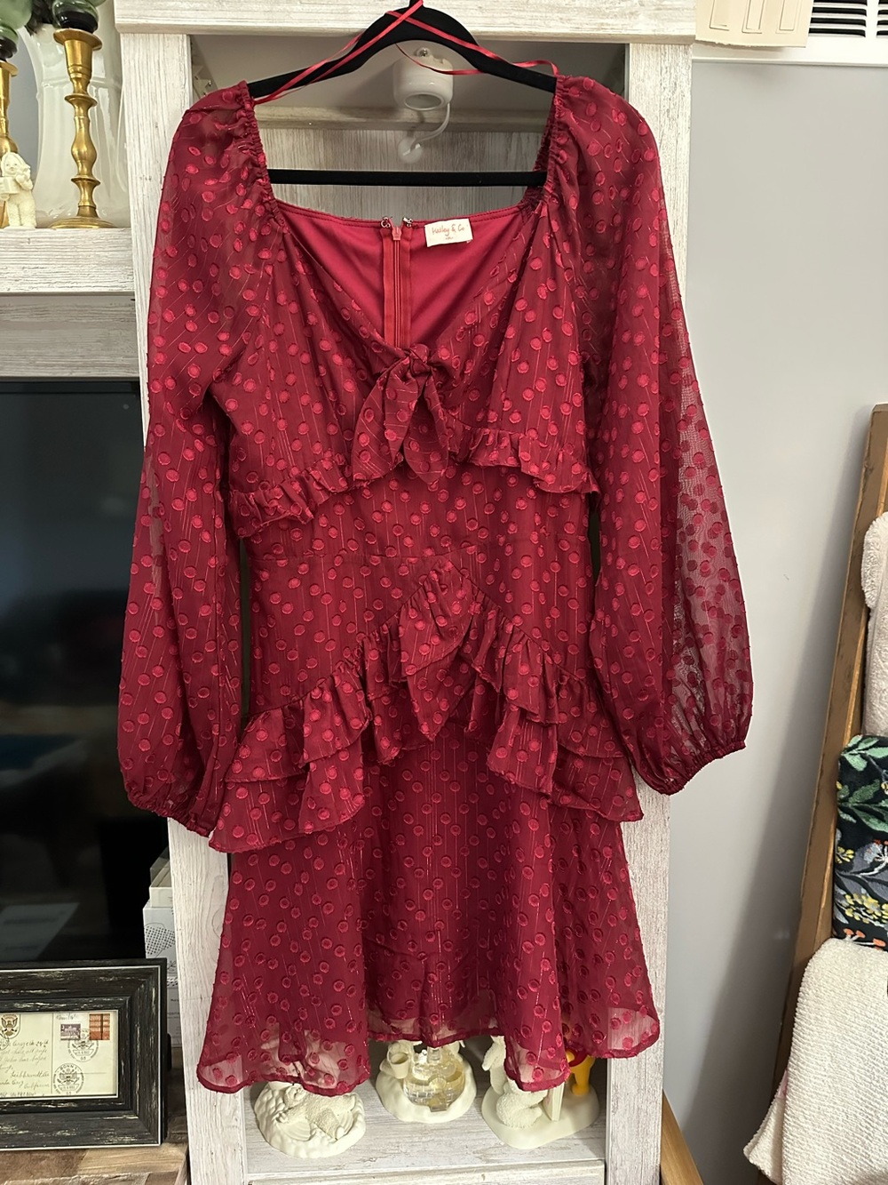 Women's Wine Ruffle Tie-Front Long-Sleeve Dress